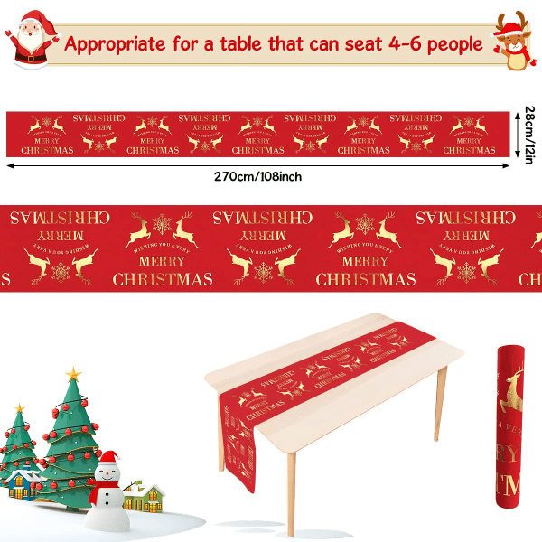 Christmas Table Runner Roll, Red Linen Christmas Table Runners Tablecloth with Gold Elk Snowflake, 12 x 108 Inch Long