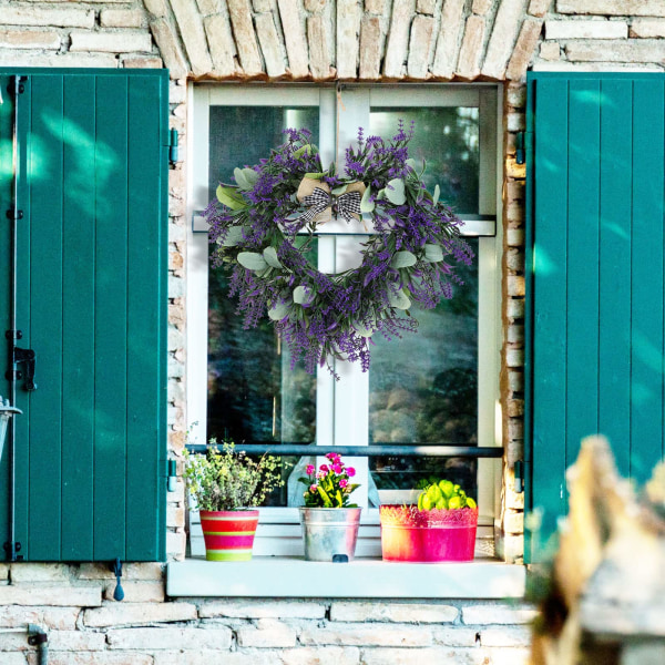 Valentines Day Heart Shaped Wreath, Artificial Lavender Spring Garland with Bow, Decorative Greenery Flower Wreath