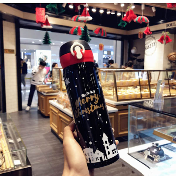 Jultema Isolerad Flaska Rostfritt Stål Vakuumkopp Läckagesäker Låsbar Termosmugg Studsmugg för Varma och Kalla Drycker Mugg (svart 500ml) Black