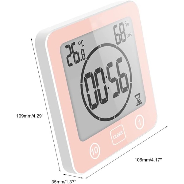 Bad Dusjklokke, LCD Digital Alarm, Termometer Hygrometer, Nedtellingstimer (Rød) Pink