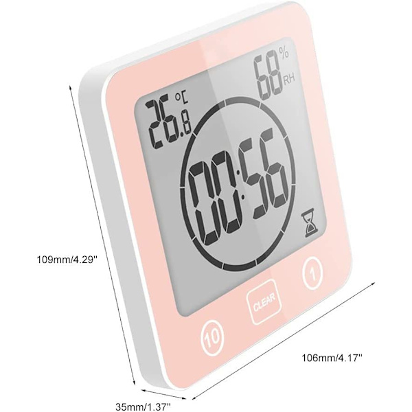 Badeværelsesbruserur, LCD digitalt alarm, termometer hygrometer, nedtællingstimer (rød) Pink