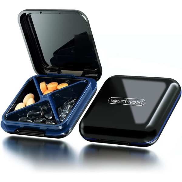 Pill Box, Fuktsäker liten pill Box, Portabel Pill Box Organizer för resor, BPA-fritt case med 4 stora fack (svart) Black