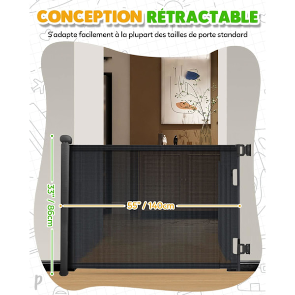 Retractable Safety Gate 0-140cm, Extendable Child Safety Gate, One-handed Operation Dog Gate Black