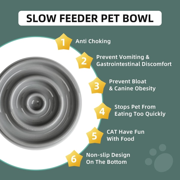 Keramisk Slow Cat Feeder Bowl, Hævet Slow Cat Food Bowl, Forhøjet katteskål med træstativ, cirkelform (1 x skål med stativ - Grå, 15,5 cm) Gray