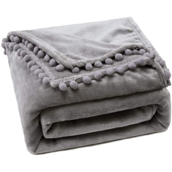 Plaid Fleece Blanket in Velvet Flannel, 1 Piece Thick Fluffy Soft Warm Fur with Decorative Pompom 150X200CM Gray