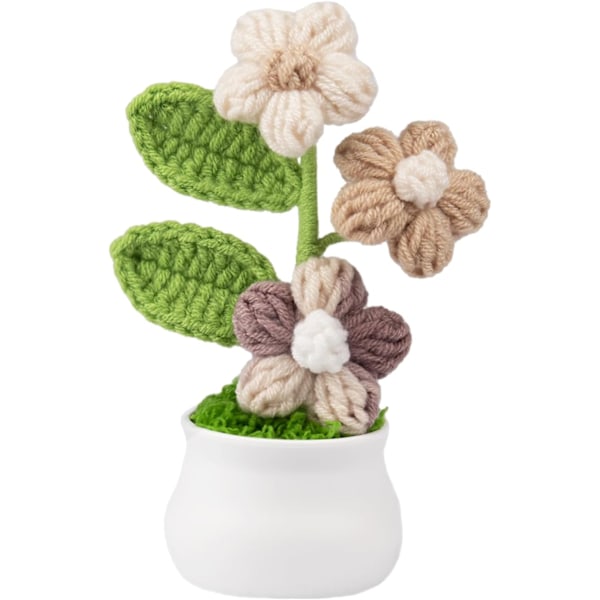 Hæklet Puff Blomster i Potteplanter, Gradient Farverige Blomster til Venner, Familie og Elskede, Håndlavede Blomster, Brun