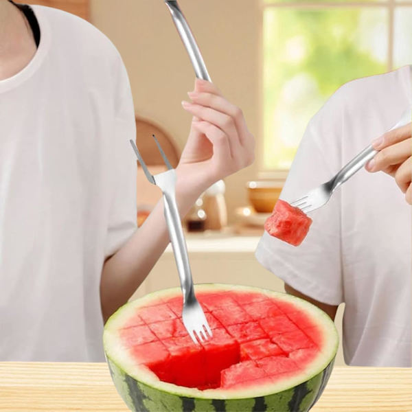 2-i-1 Rostfritt Stål Fruktskärverktyg, Vattenmelonsgaffel Skärare Skärare Verktyg, Dubbelhuvud Fruktgafflar Skärare Vattenmelonskärare Verktyg (1PCS)