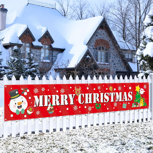 Large Merry Christmas Banner 120" x 20" Double Printed Xmas Decoration Snowman Christmas Tree Hanging Sign Party Supplies Home Decor,Red