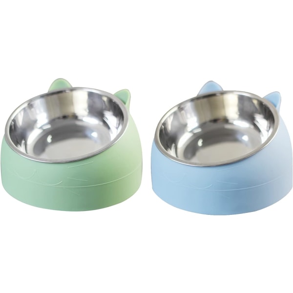 2 pakke kjæledyrkatteskål i rustfritt stål, kattematskål, kattevannskål (200 ml, blå+grønn) Green,blue