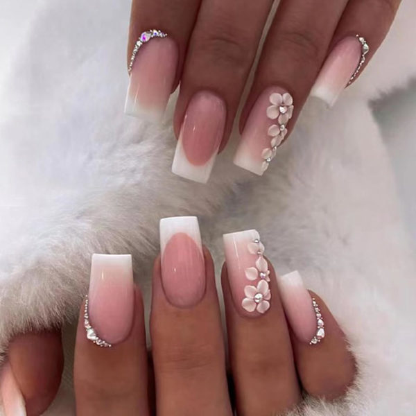 Franske Kunstige Negl, Blomst Trykk på Negl Middels Lengde, Hvit Spiss Kvadratisk Akryl Stick på Negl med Rhinestones Design, Avtakbar Elegant Falske Negl