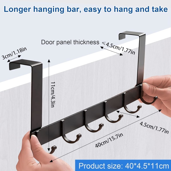 Coat Rack for Door, Black Coat Rack Stainless Steel,6 Coat Hooks for Bedroom Bathroom Kitchen Door