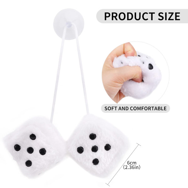 Auton roikkuva karvainen noppa 6 cm Auton peilin roikkuva pörröinen roikkuva auton peilin roikkuva pörröinen karvainen noppapari roikkuva pari auton riipus (valkoinen) White