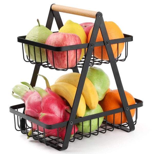 Fruktkakestativ, 2-lags, fruktkurvstativ Fruktskål, avtakbar holder Kjøkkenoppbevaringskurv, grønnsaksstativ, Snackskurv (svart)