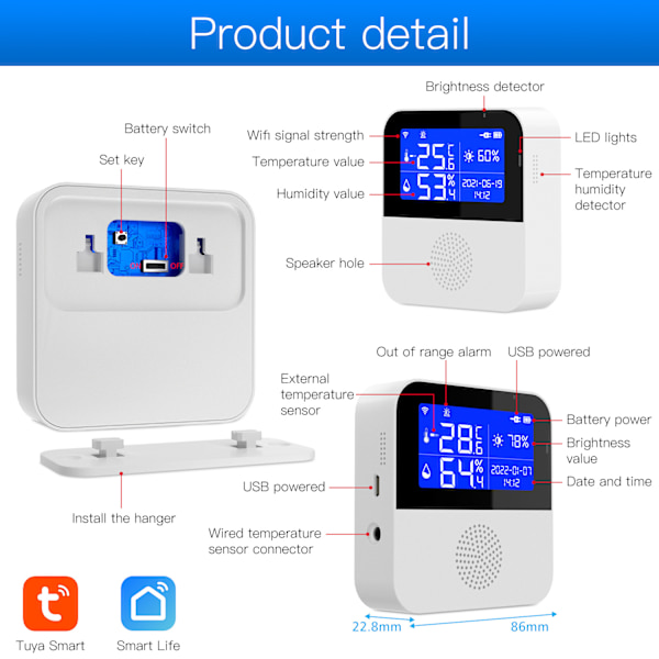 WiFi temperatur- och fuktighetsmätare, trådlös digital termometer hygrometer med LCD-display, summerlarm och appvarning, smart temperatur- och fuktighetssensor