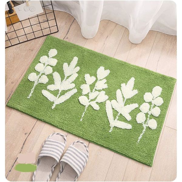 Sklisikker badematte, 40 x 60 cm grønt blad baderomsgulvmatte supermyk og vannabsorberende, maskinvaskbar mikrofiber baderomsmatte 3D leaves