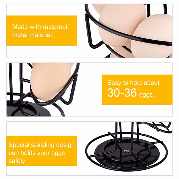 Eggdispenser, spiral i rustfritt stål, spiraldesign, eggstativ for ca. 30 - 36 egg, svart Black