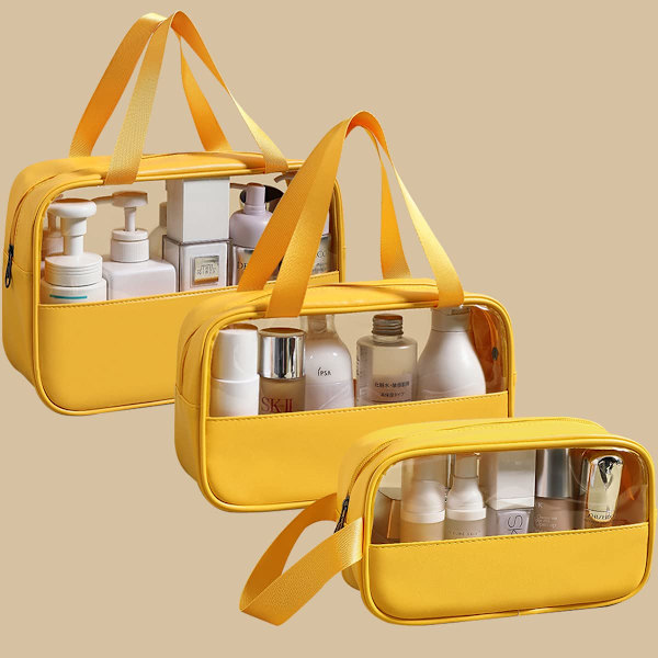 Transparent kosmetisk väska, 3-pack, vattentät PVC necessär för kvinnor, lätt sminkväska för kosmetika, necessär resekit yellow