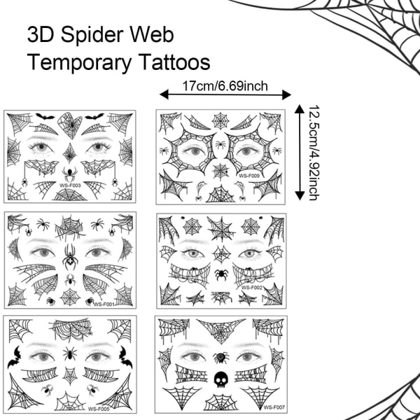 6 ark Halloween Face Stickers, Halloween Make Up Spider Tatuering, Halloween tatueringar för vuxna Barn Kvinnor Häxa Tillbehör Spindel