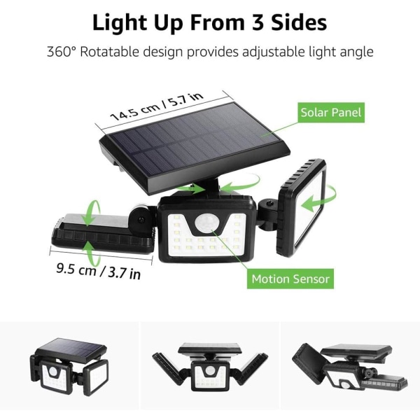 Solar Wall Lights with Motion Sensor,IP65 Waterproof 3 Heads Security ,74 LED Flood Light Motion Detected Spotlight for Garage,Garden,Patio