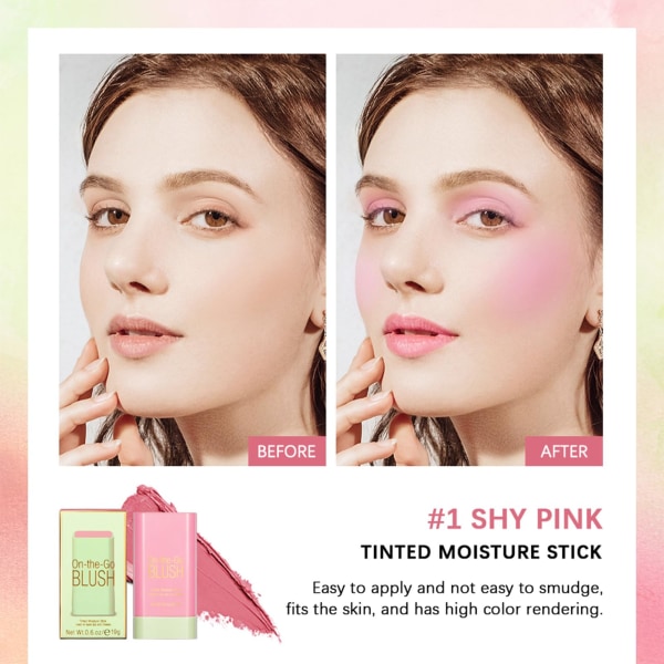 Blusher for kinn-sminke - Kremet, lett multi-stick for ansikt, øyne og leppe - Langvarig 3-i-1 multi-bruk blusher konturstift (Shy Pink) Pink