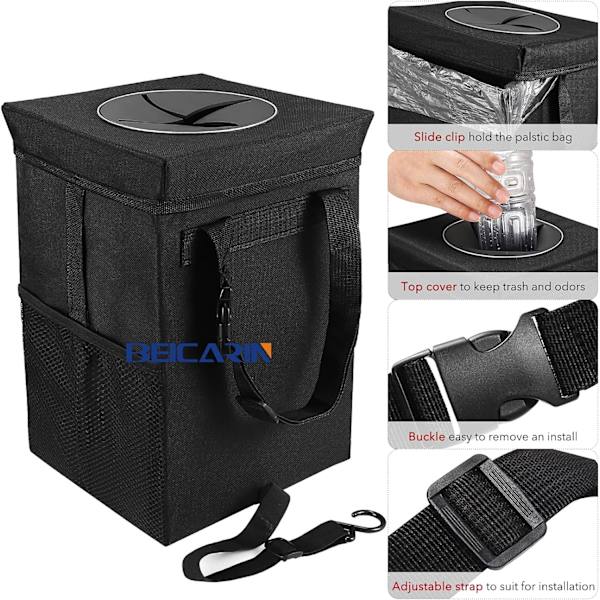 Auton roskakori kannella - Auton roskapussi ripustettava säilytystaskuilla kokoontaitettava ja kannettava auton roskakori, vuototiivis auton järjestäjä, 30*20*20cm 30*20*20cm