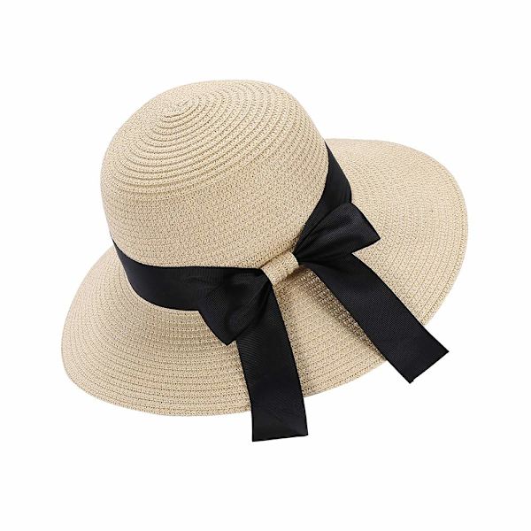 Kvinners sommer stråhatt solhatt UV-beskyttelse strandcaps foldbar visir floppy hatt bred brem med stropp sløyfe yellow