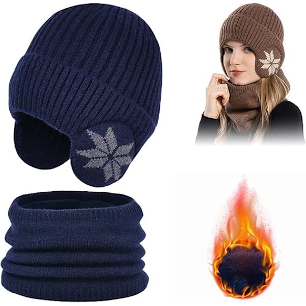 Vinterfleecescarfset för barn, småbarn pojkar flickor vinter varm stickad mössa och halsduk set, blå