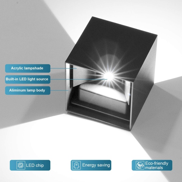 12W LED innendørs vegglampe 2-pakning IP65 vanntett justerbar strålevinkel moderne vegglampe kald hvit 6000K (svart)