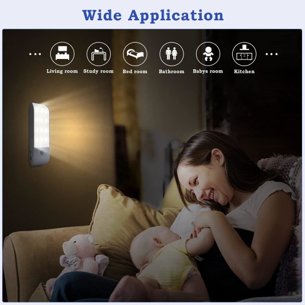 Automatisk LED-nattlys [2-pakning], 12 LED USB-oppladbart skapnattlys med bevegelsessensor, magnetisk klebestripe, 3 moduser (Auto/På/Av)