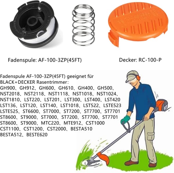 Pakke med snørespoler for gresstrimmer, kompatibel med Black and Decker gresstrimmer, snørespole for buskrydder (6 snørespoler, 2 deksler, 2 fjærer)