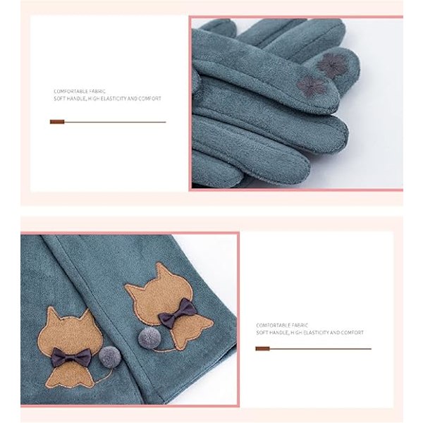 Dame ruskindsplaster broderede kat touch screen handsker varme og fløjl tegnefilm fingerhandsker, sort