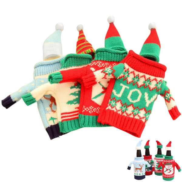 Christmas Wine Bottle Cover Christmas Bottle Decoration Xmas Gifts 4PCS Knitted Elastic Wine Bottle Sweater with Hat Cute Snowman