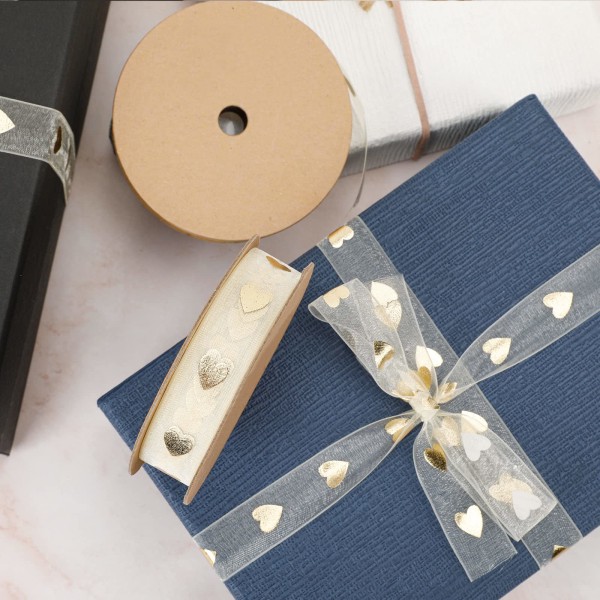 2 ruller hjertetrykt satinbånd Guldfolie dekorativt bånd Snegarnbånd til DIY håndværk, gaveindpakning, blomsterhandler, bryllupsfestdekorationer