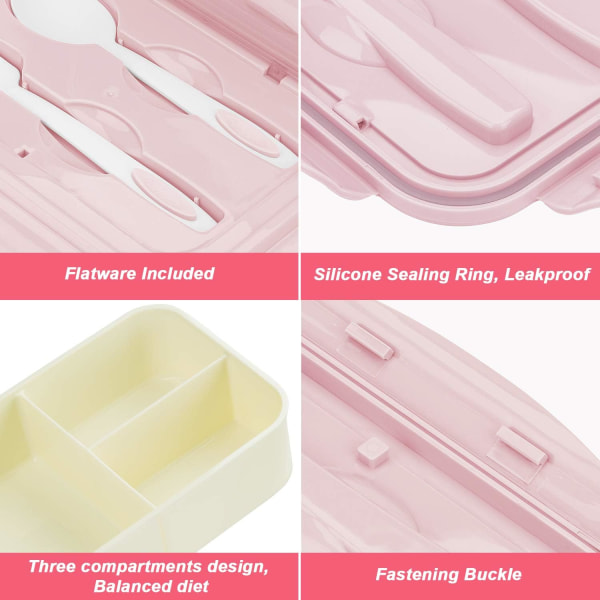 Matboks, matbeholder med 3 rom og bestikksett, BPA-fri, mikrobølge- og oppvaskmaskinsikre måltidsbeholdere – rosa Pink