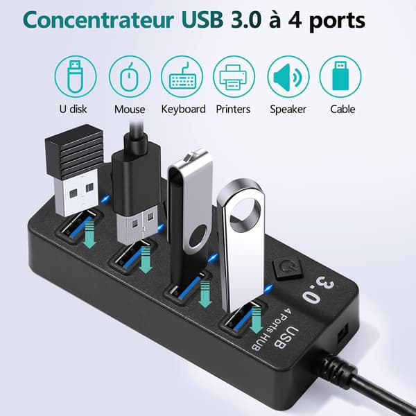 USB-hub 3.0, 4-i-1 USB-strømskinne med LED-lys, flere USB-porter for dataoverføring og lading
