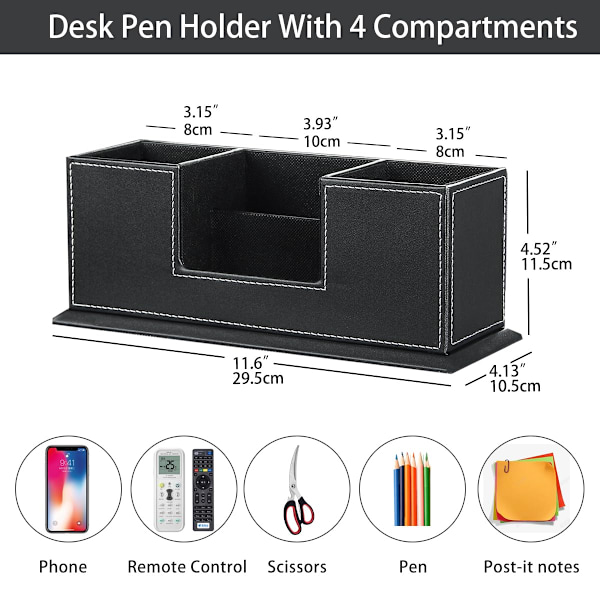Pen holder, skrivebordsarrangør, praktisk penneæske med 4 rum, elegant PU læder kontorarrangør, multifunktionel pen holder skrivebord, pen holder black