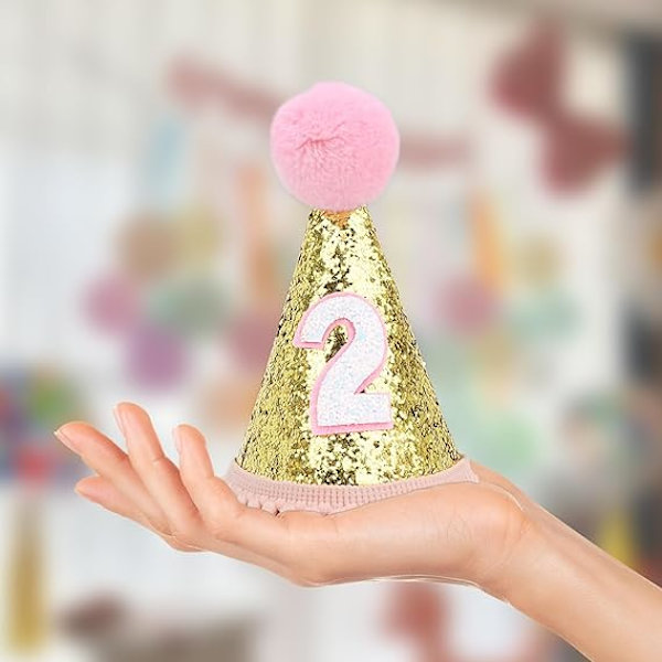 Födelsedagshätta Glitterkonhatt Justerbar Tiara Hårband Glittrande Prinsessa Födelsedagshätta för Baby Flicka Pojke, Rosa-2