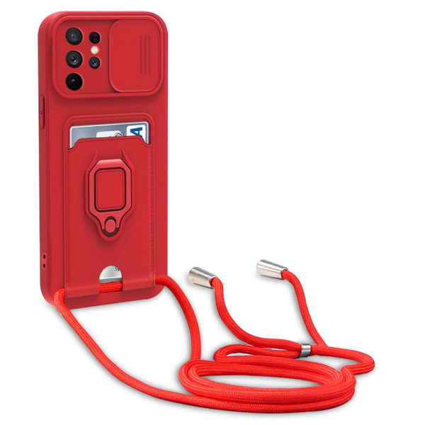 Kamerabeskyttelsesnøkkeltelefonveske for Samsung Galaxy S23 Ultra, kortholder, skyvekameradeksel-rød
