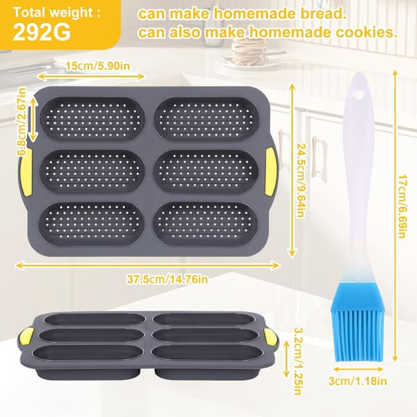 bageform til boller, 6 huller, franskbrødsform, non-stick baguetteform, perforeret bageform til bagning af brød, franskbrød (6-rums grå)