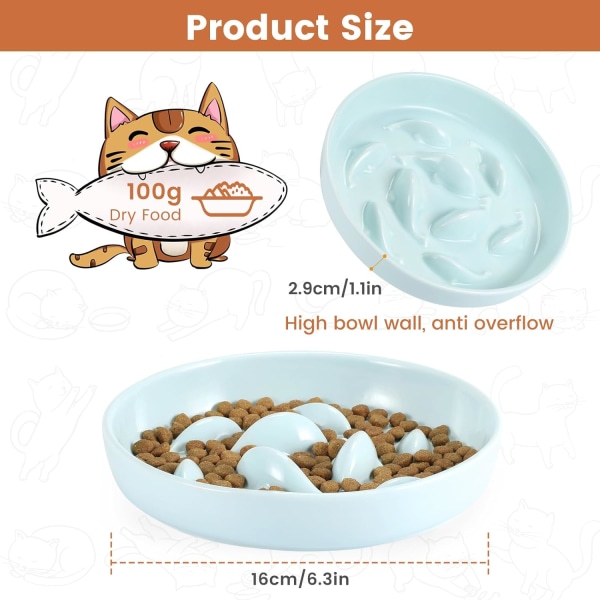Slow Feeder Cat Bowl Keramik, Förhöjd fälg Spillsäker Slow Eating Cat Bowl för våtfoder/torrfoder, Cat Bowl Slow Feeder Anti-kräkningar (grön) Green