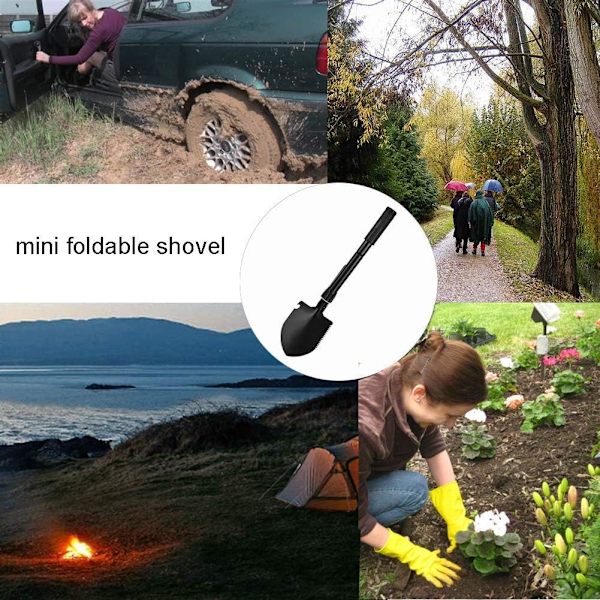 Hopfällbar spade - Mini överlevnadsspade multifunktionell spade bärbar befästningsverktyg för terräng, strand, grävning av smuts, sand, lera och snö - Svart