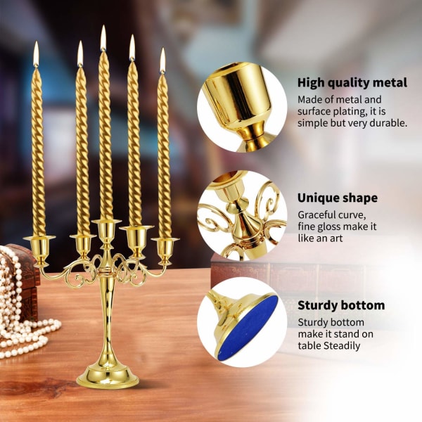 Metallljusstake, 5-armars ljusställ Vintage Ljusstakar Ljusstake Klassisk för bordsguld Gold