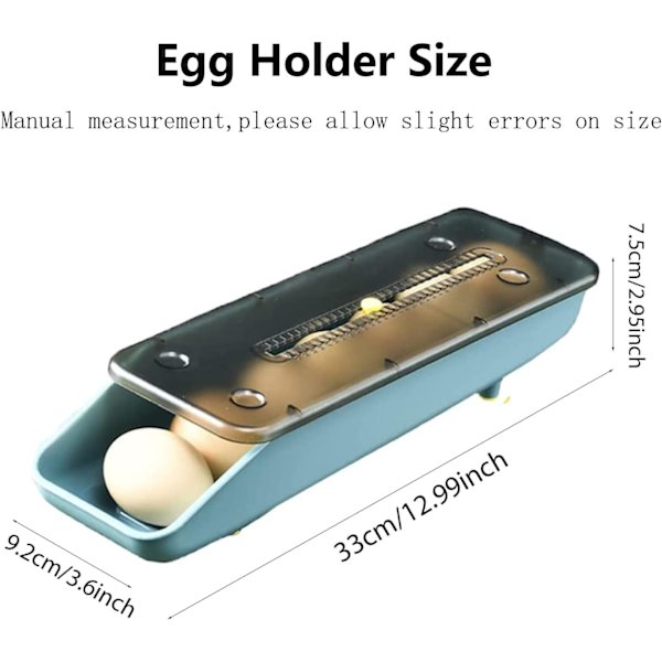 Hjemmeplassbesparende eggbeholder, kjøleskap stabel automatisk rulle eggbeholder, eggbrett for oppbevaring med ferskholdbarhetsmerke (blå)
