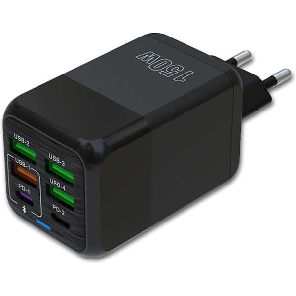 150W USB-lader med 6 porter: 2 USB-C + 4 USB-A | Hurtiglading - QC 3.0 | Kompatibel med Samsung/iPhone/Xiaomi/etc. | CE-sertifisert (Svart)
