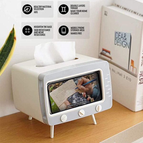 Kudoksen laatikon kansi Puhelimen pidiketeline kaikille puhelimille Ainutlaatuinen monitoiminen kudoksen laatikon pidike makuuhuoneeseen Toimisto Kylpyhuone Valkoinen(18.5*16*14.5cm) White