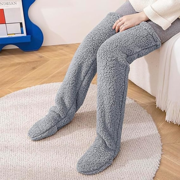 Overknees Fuzzy Sokker Vinter Plysj Lange Beinskjolders Myke Toesko Strømper Kvinner Jenter Jul Hjem Sovesokker, Grå