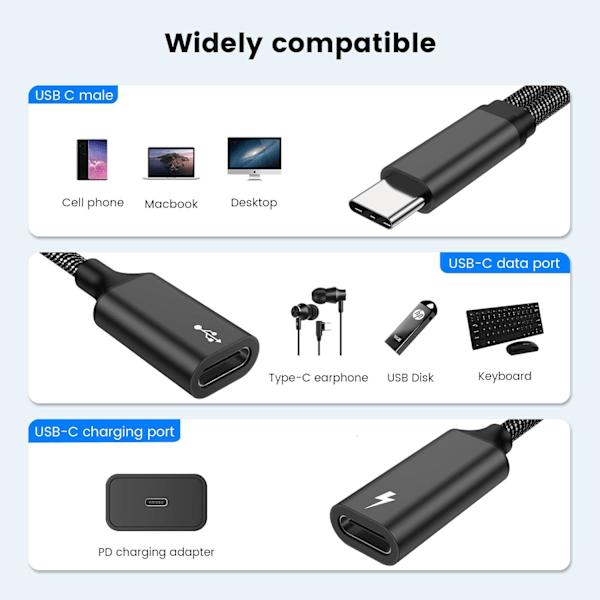 60W USB C Splitterkabel, Snabbladdande Typ C Splitterkabel med Dataöverföring, 2 i 1 USB C Splitteradapter för iPhone 15, Macbook, Xbox, Laptop black