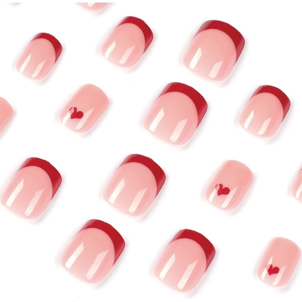 24 stk. Korte firkantede falske negle Fransk rødtip Tryk på negle Rød hjertestift på negle Aftagelig påklæbende negle Falske negle Fulddækning Negle Kvinder