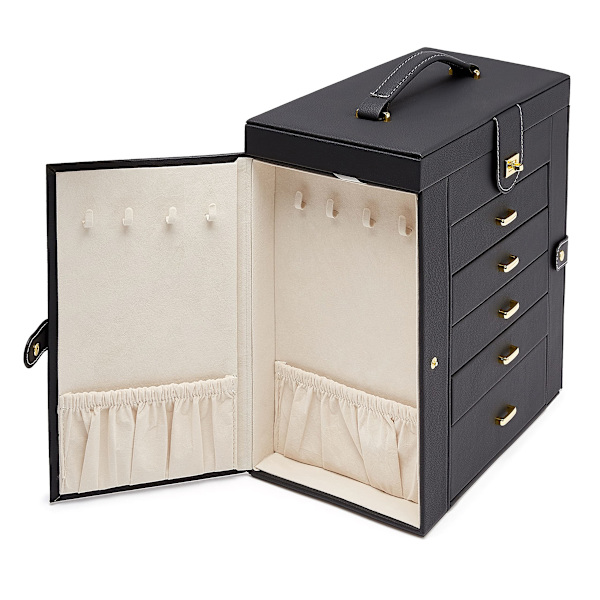 Stor 6-lags rektangulær smykkeskrin i skinn med sidelommer, svart, 12,00\" x 6,61\" x 13\" (30,3 cm x 16,8 cm x 33 cm) (LxBxH)