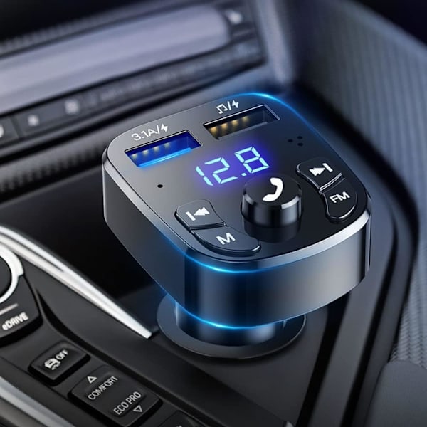 Bluetooth trådløs FM-sender, Bluetooth bil MP3-afspiller, oplader, 2 USB-porte, USB-flashdrev spændingsvisning